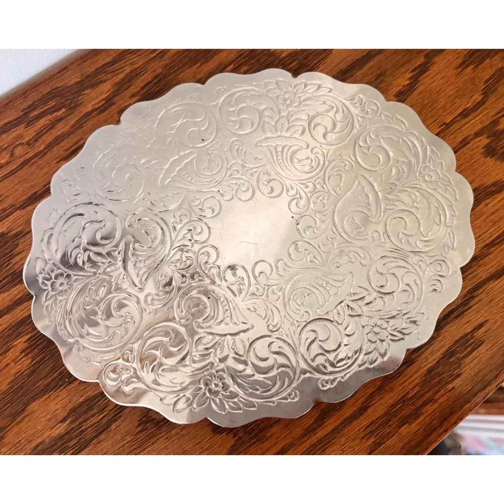 Vintage Silver Plated Footed Trivet Floral Embossed Scalloped Oval Vanity Tray
